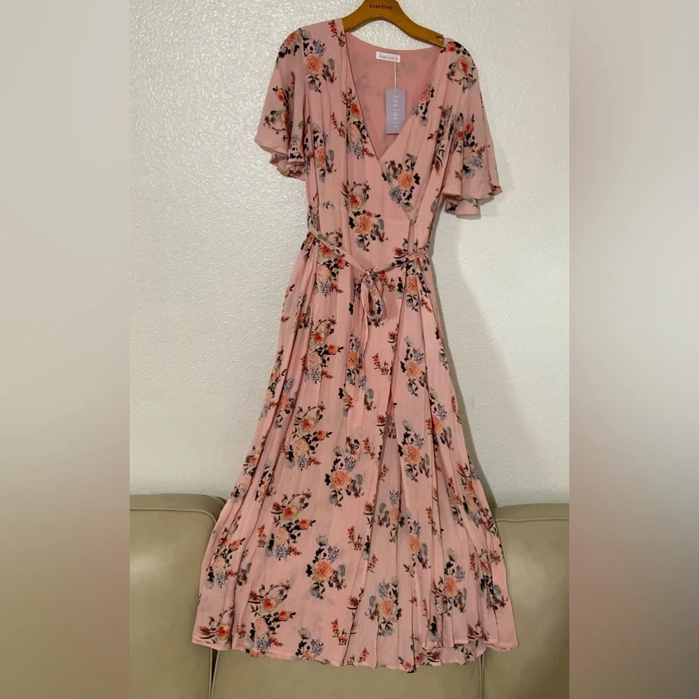 Azalosie Pink Peach Floral Shor Dress SIZE M
Sleeve Wrap High Low Maxi - Picture 6 of 10